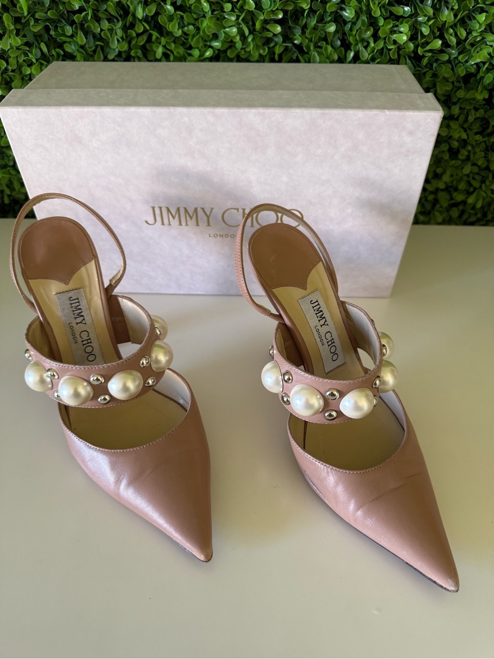 Jimmy Choo Blush Pink Pearl-Embellished Slingback Pumps - Picture 3 of 8
